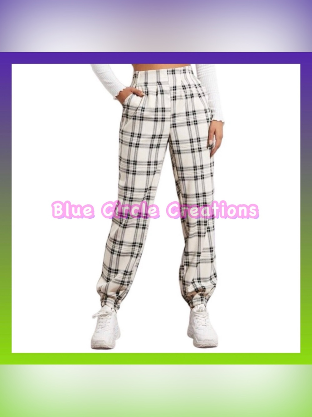High Waist Tartan Paperbag Waist Pants with Pockets Black and White Size Medium